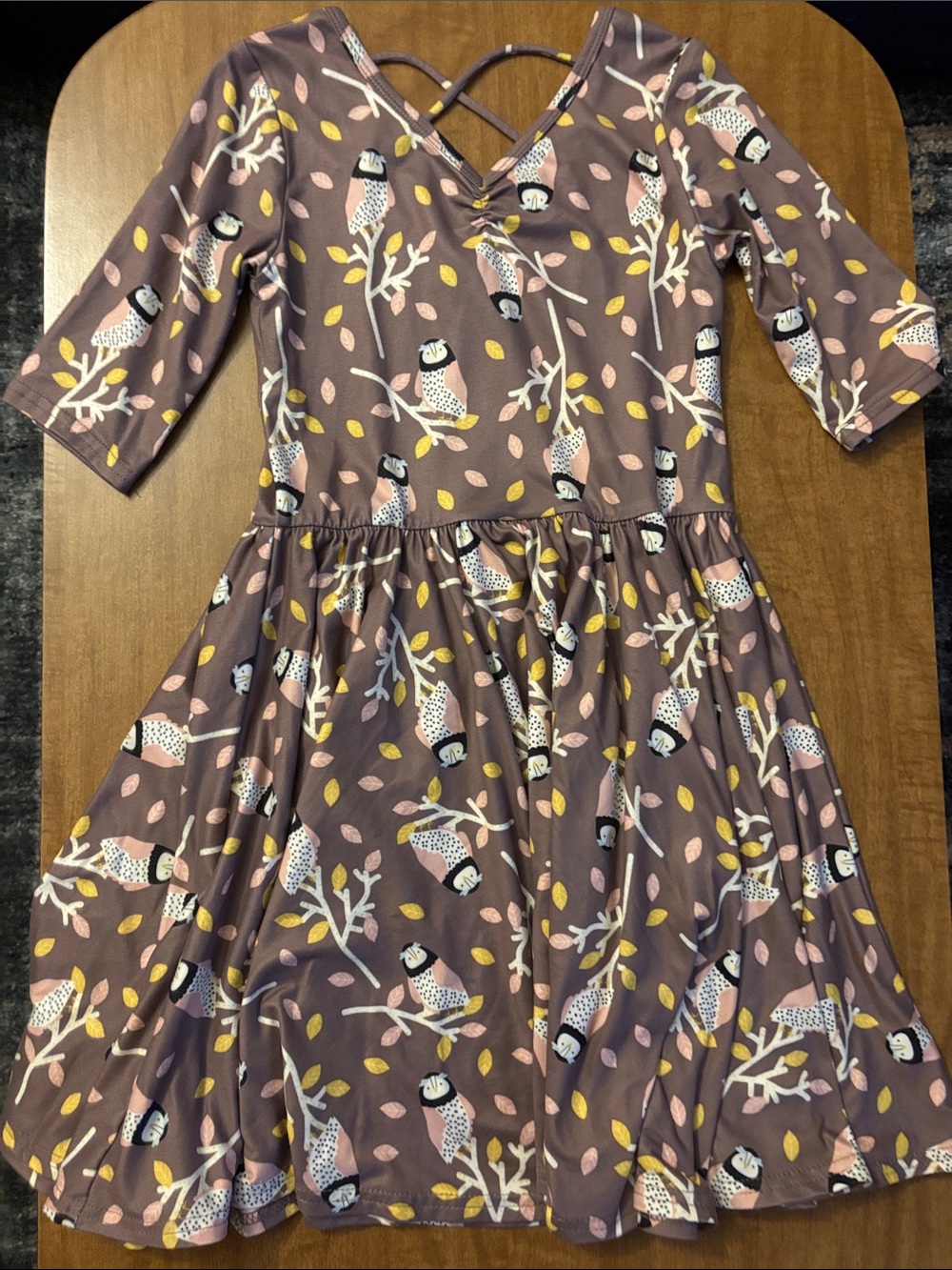 Dot Dot Smile Mauve Owl Print Twirl Dress with Crisscross Back